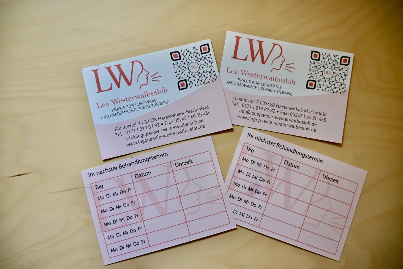 Visitenkarten und Terminkarten der Praxis Lea Westerwalbesloh